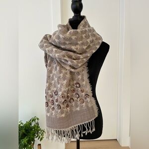 WRAP SHAWL Scarf Wool Sequin Bead Embellished Neutral Coastal Grandma Cozy Chic